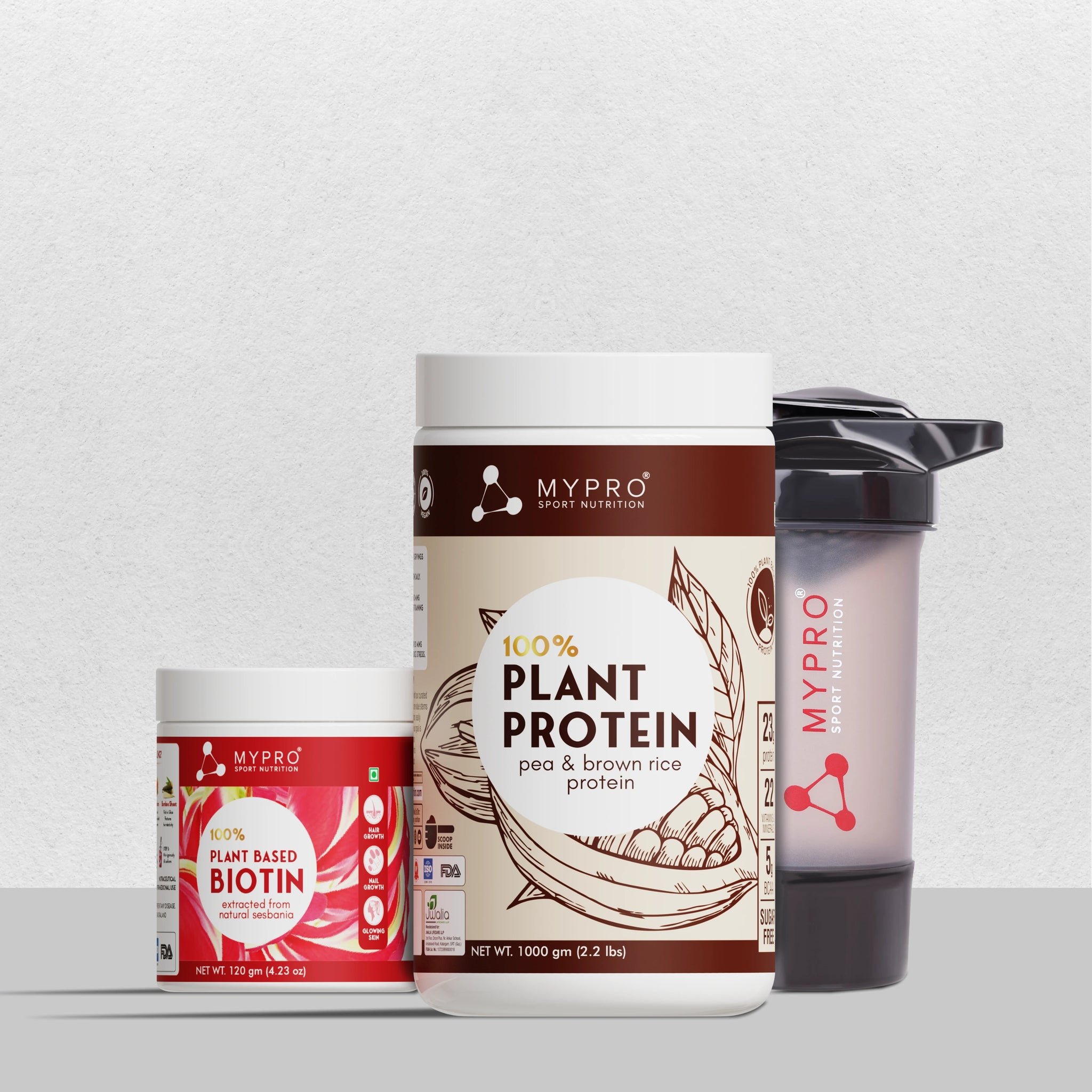 Combo of 100% Plant Protein - Pea & Brown Rice Protein + 100% Plant Based Biotin & Gym Shaker Bottle