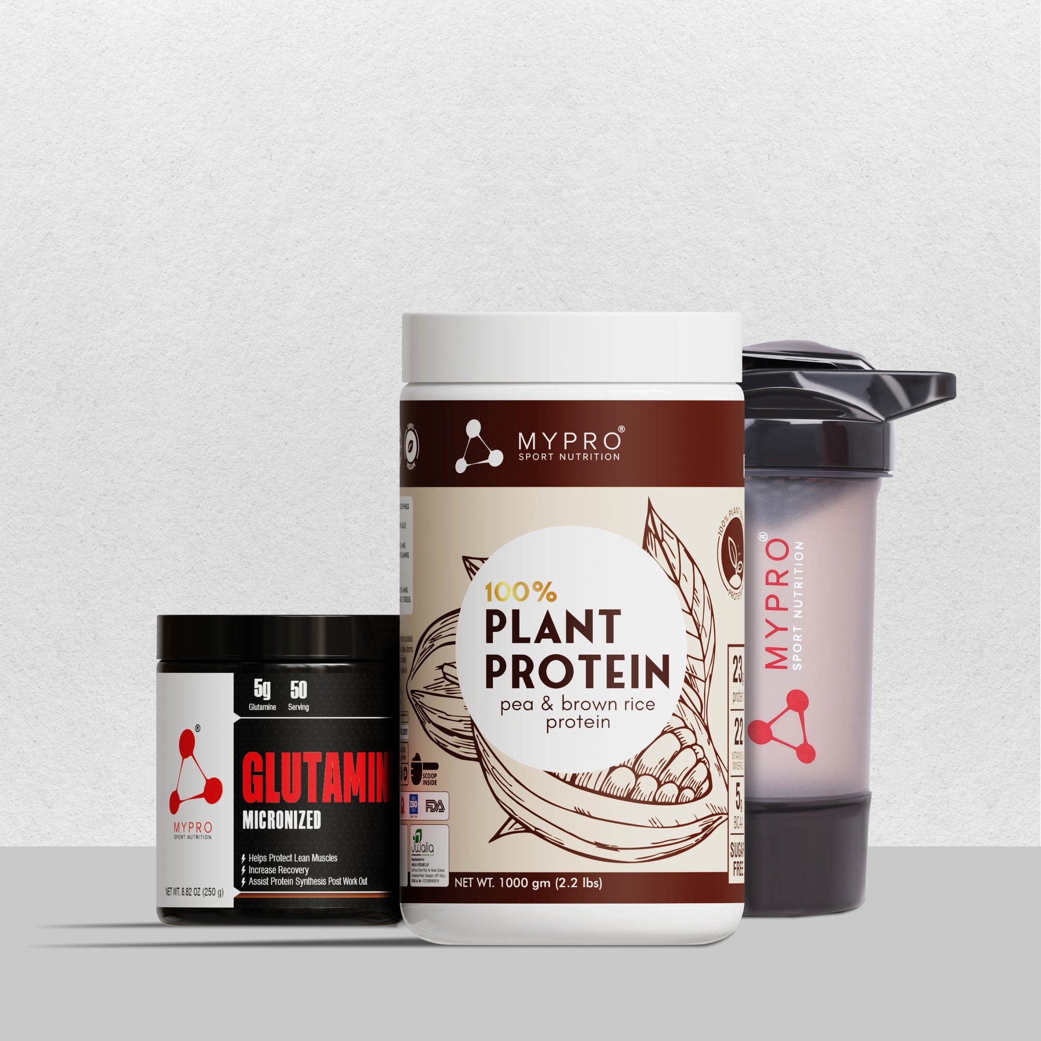 Combo of 100% Plant Protein - Pea & Brown Rice Protein + 100% Pure Glutamine Powder & Gym Shaker Bottle
