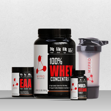 Combo of 100% Whey Protein Concentrate + EAA Supplement + Multi-Vitamin Tablet & Gym Shaker Bottle