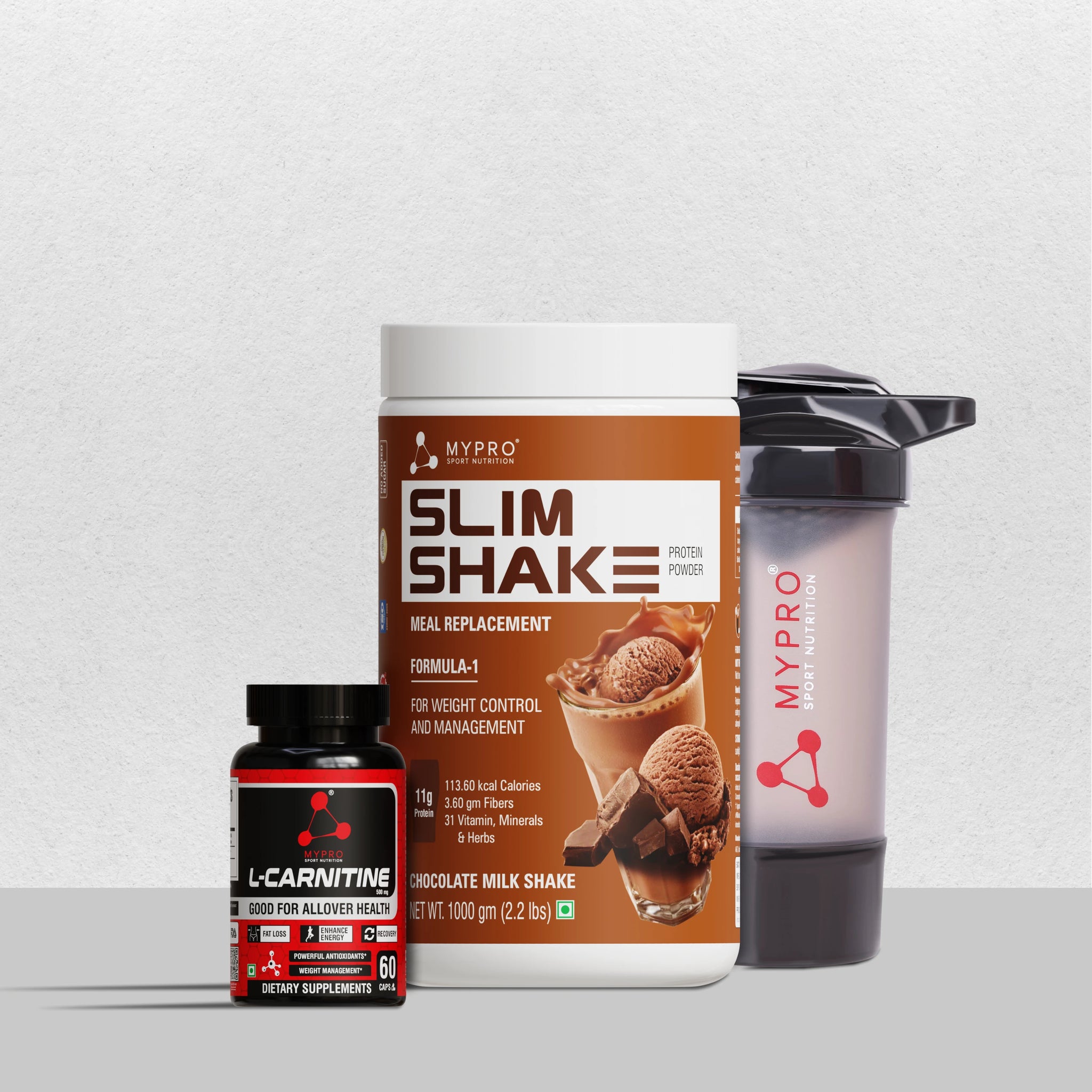 Combo of Slim Shake Meal Replacement Shake + L-Carnitine Capsules & Gym Shaker Bottle